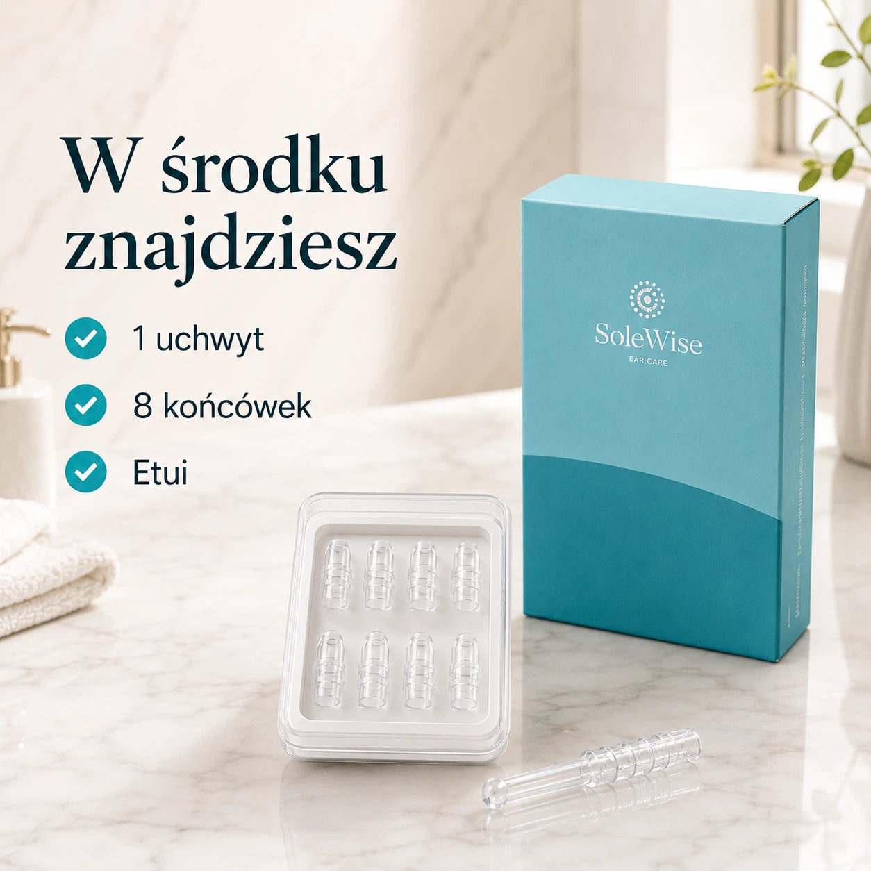 Zawartość zestawu SoleWise: uchwyt, osiem końcówek i etui