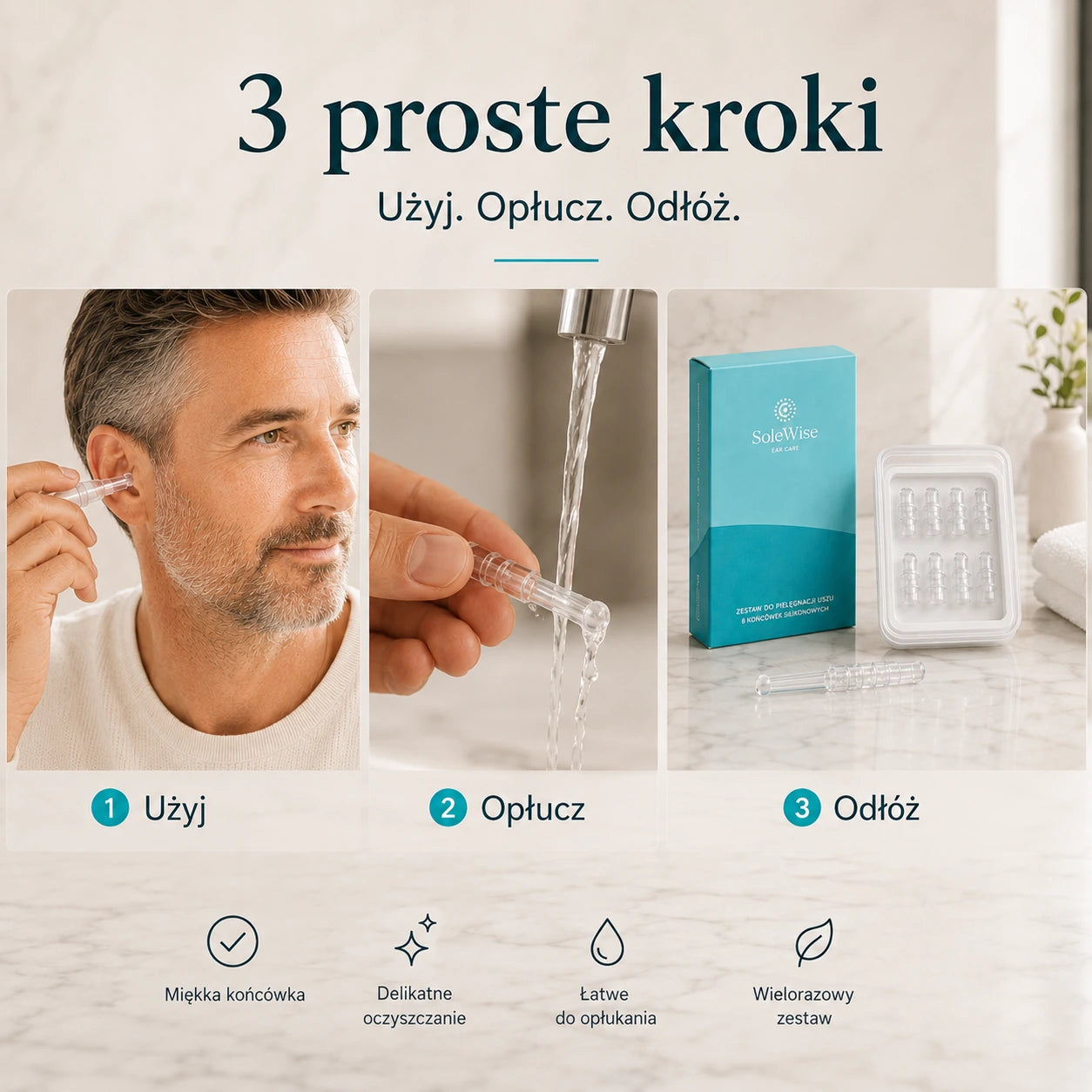 Trzy kroki użycia SoleWise: użyj, opłucz i odłóż